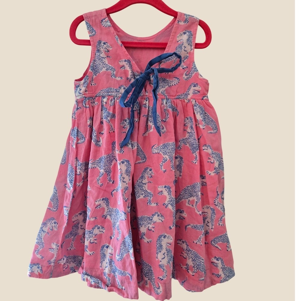 Pink Chicken New York Girls Pink Blue Dinosaur Print Cotton Tie Back Dress 4Y